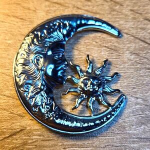 Celestial Moon & Sun Face Brooch Silver Tone Cosmic Pin